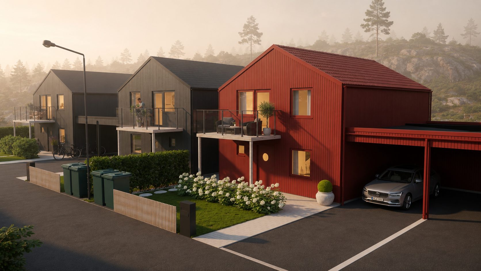 Exteriör av tvåvåningshusen i Brf Furuhall Höjd