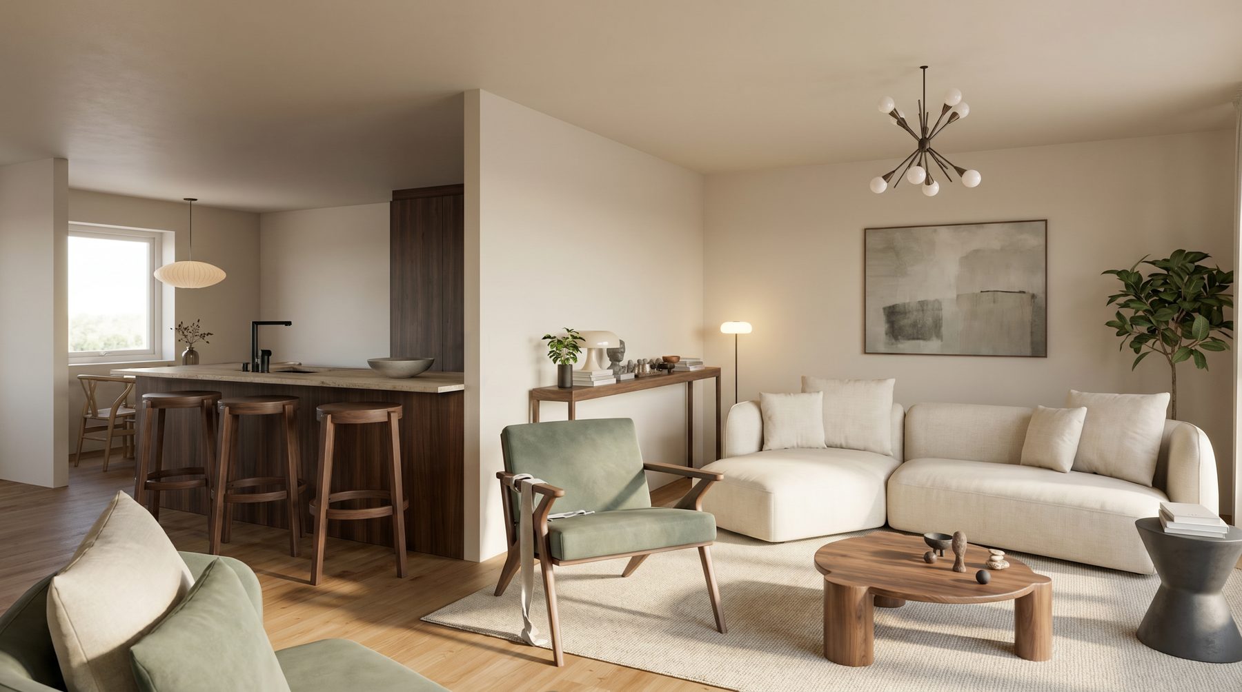 Vardagsrum och kök i öppen planlösning, Hus A om 115 m²