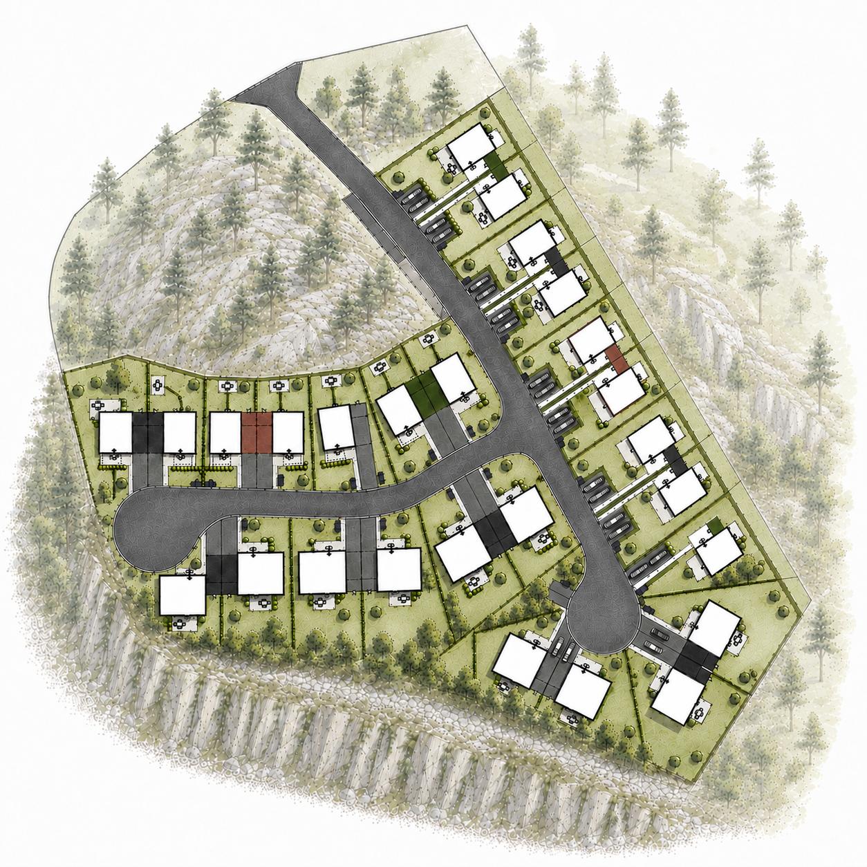 Områdesplan över Brf Furuhall Höjd med etapp 1 och etapp 2